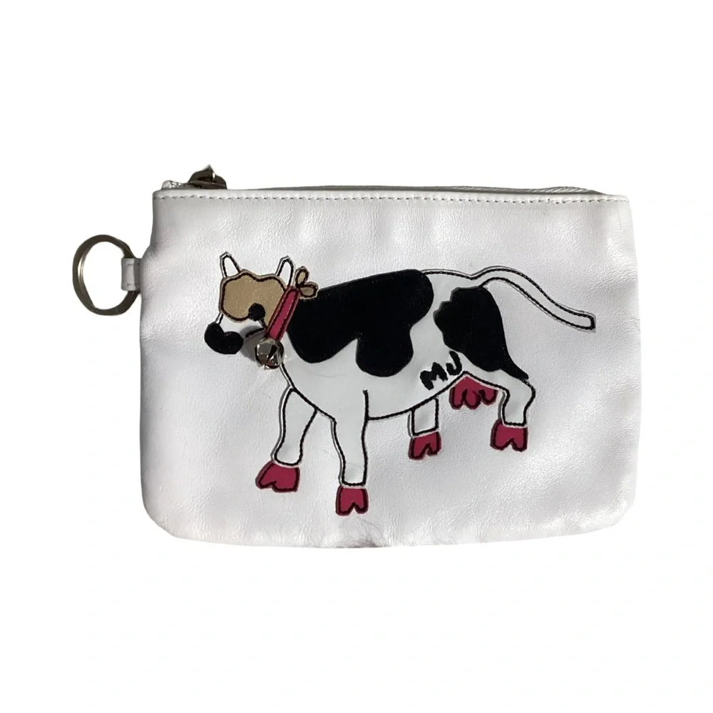 Marc Jacobs Cow on White Leather Top Zip Wristlet Keychain Clutch Bag